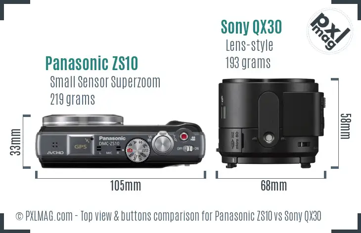 Panasonic ZS10 vs Sony QX30 top view buttons comparison