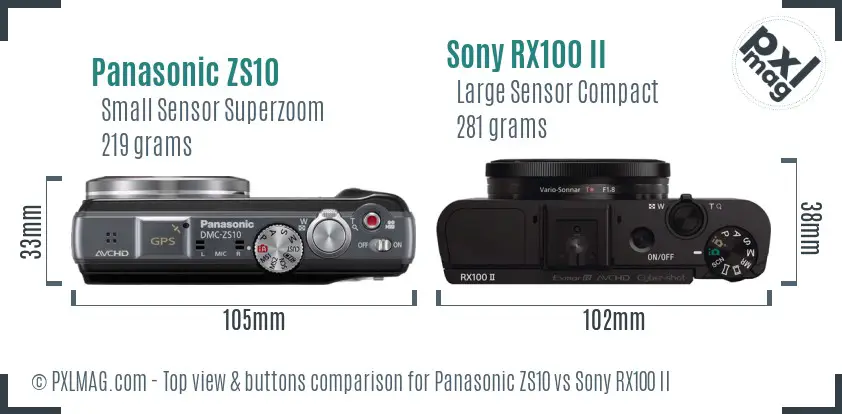 Panasonic ZS10 vs Sony RX100 II top view buttons comparison Panasonic ZS10 vs Sony RX100 II top view buttons comparison