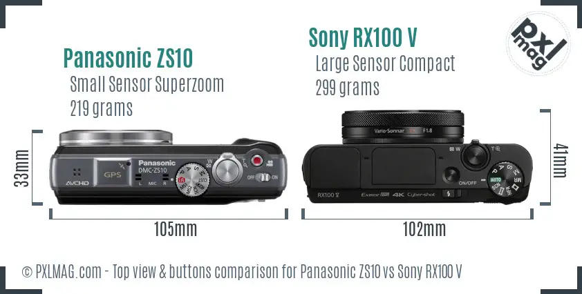 Panasonic ZS10 vs Sony RX100 V top view buttons comparison