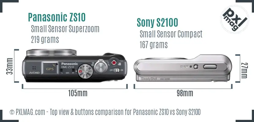 Panasonic ZS10 vs Sony S2100 top view buttons comparison