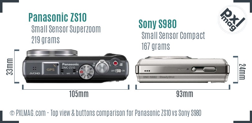 Panasonic ZS10 vs Sony S980 top view buttons comparison