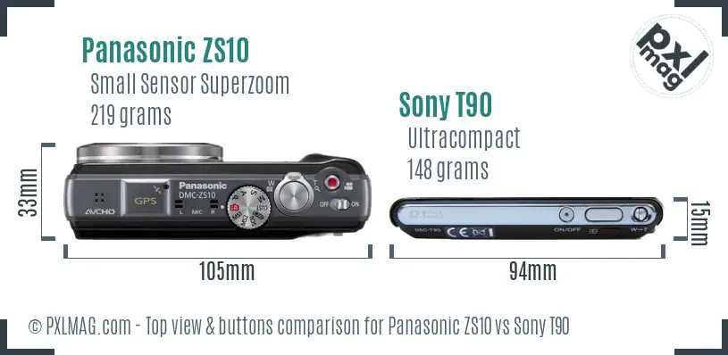 Panasonic ZS10 vs Sony T90 top view buttons comparison