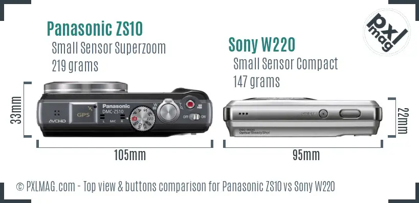 Panasonic ZS10 vs Sony W220 top view buttons comparison Panasonic ZS10 vs Sony W220 top view buttons comparison