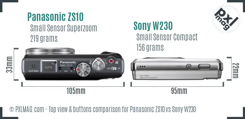 Panasonic ZS10 vs Sony W230 top view buttons comparison Panasonic ZS10 vs Sony W230 top view buttons comparison
