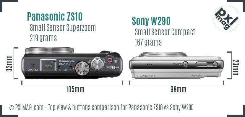 Panasonic ZS10 vs Sony W290 top view buttons comparison Panasonic ZS10 vs Sony W290 top view buttons comparison
