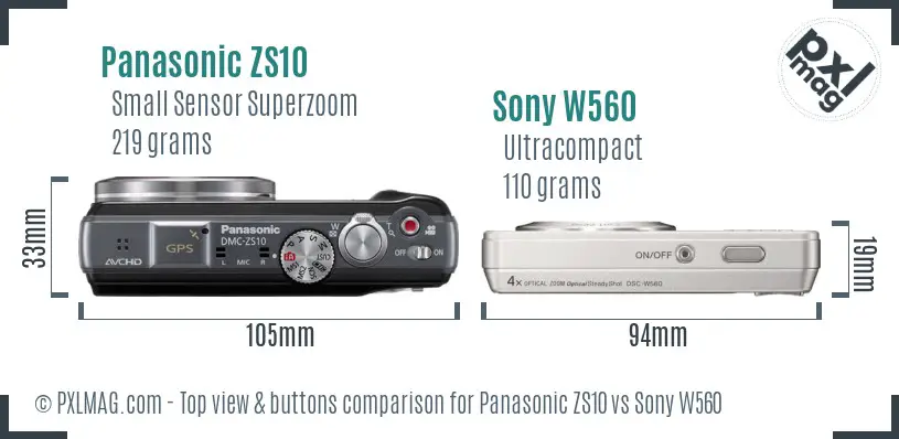 Panasonic ZS10 vs Sony W560 top view buttons comparison