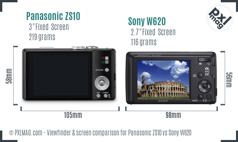 Panasonic ZS10 vs Sony W620 Screen and Viewfinder comparison