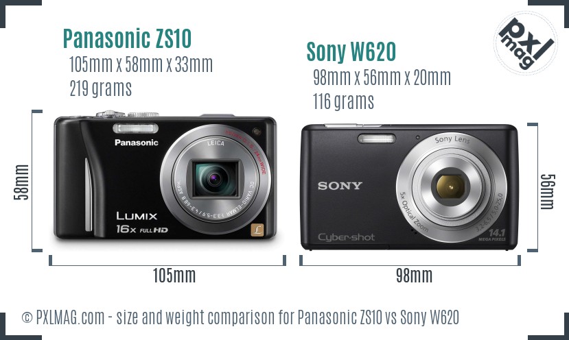 Panasonic ZS10 vs Sony W620 size comparison