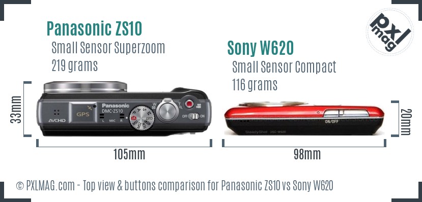 Panasonic ZS10 vs Sony W620 top view buttons comparison