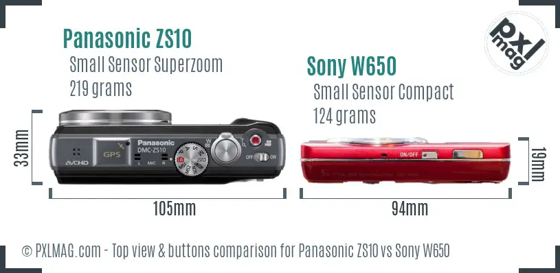 Panasonic ZS10 vs Sony W650 top view buttons comparison