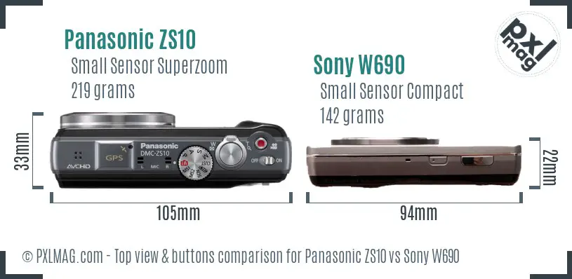 Panasonic ZS10 vs Sony W690 top view buttons comparison