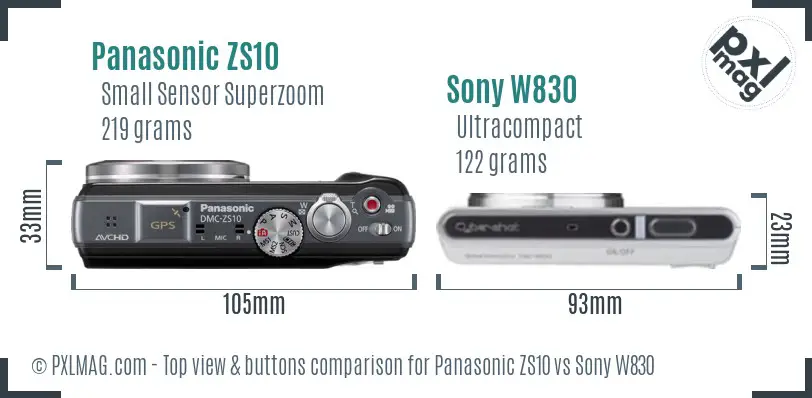 Panasonic ZS10 vs Sony W830 top view buttons comparison