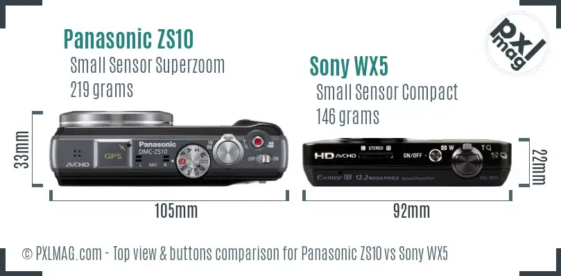 Panasonic ZS10 vs Sony WX5 top view buttons comparison