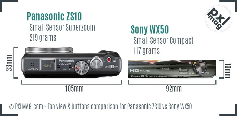 Panasonic ZS10 vs Sony WX50 top view buttons comparison