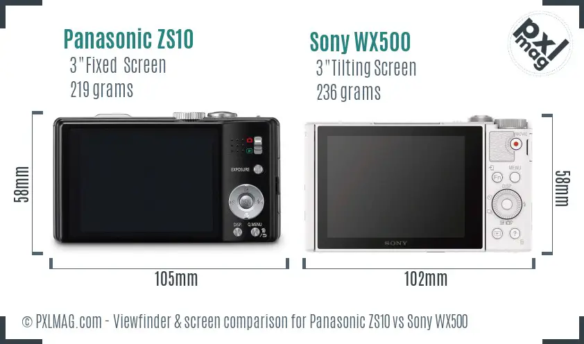 Panasonic ZS10 vs Sony WX500 Screen and Viewfinder comparison