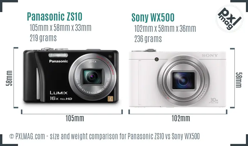 Panasonic ZS10 vs Sony WX500 size comparison