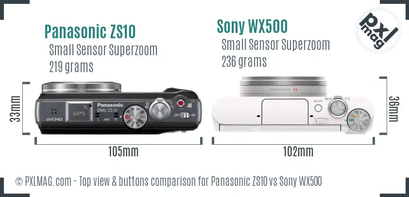 Panasonic ZS10 vs Sony WX500 top view buttons comparison