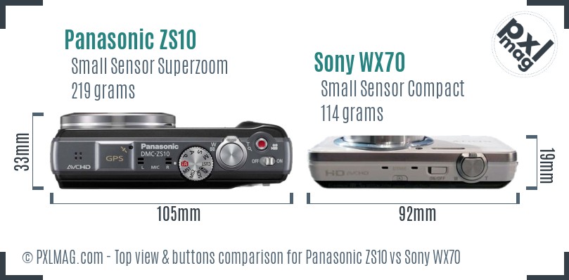 Panasonic ZS10 vs Sony WX70 top view buttons comparison