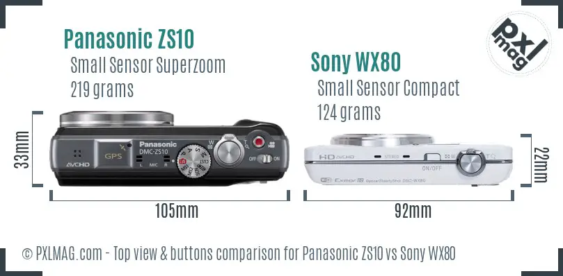 Panasonic ZS10 vs Sony WX80 top view buttons comparison
