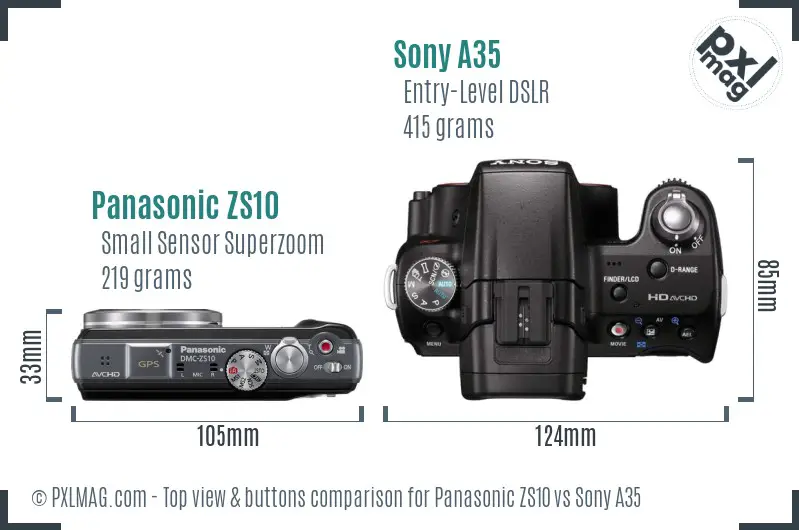 Panasonic ZS10 vs Sony A35 top view buttons comparison