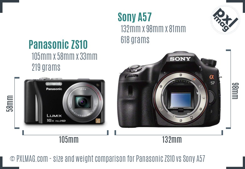 Panasonic ZS10 vs Sony A57 size comparison Panasonic ZS10 vs Sony A57 size comparison