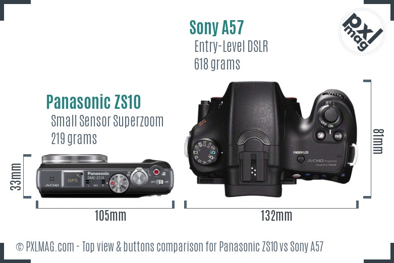 Panasonic ZS10 vs Sony A57 top view buttons comparison