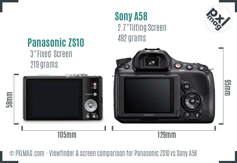Panasonic ZS10 vs Sony A58 Screen and Viewfinder comparison