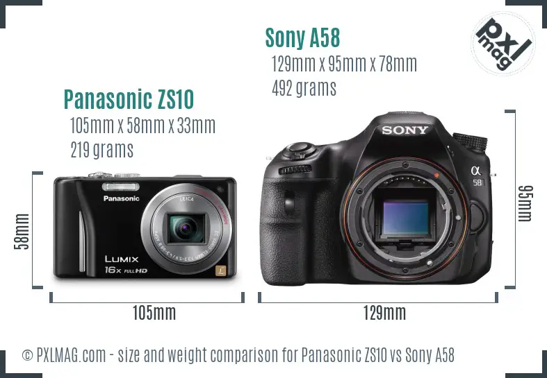 Panasonic ZS10 vs Sony A58 size comparison
