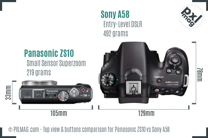 Panasonic ZS10 vs Sony A58 top view buttons comparison