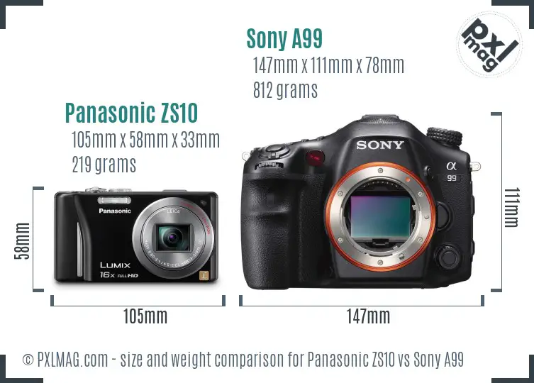 Panasonic ZS10 vs Sony A99 size comparison