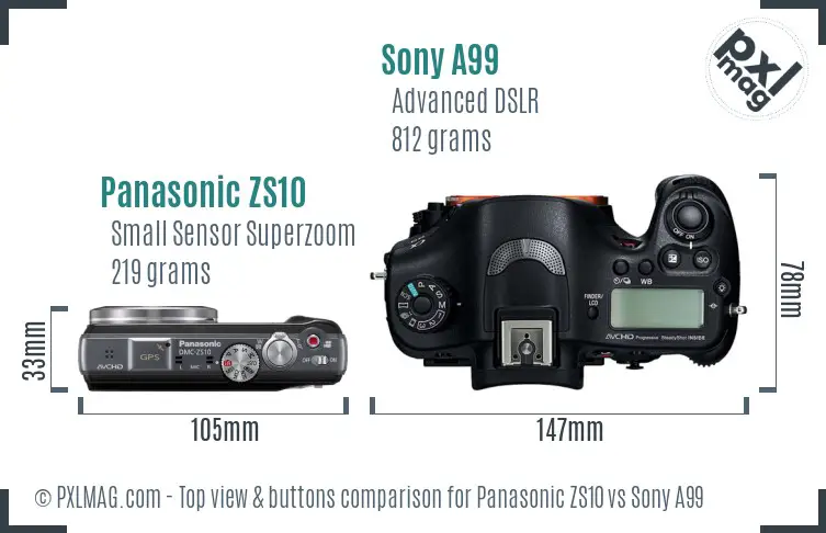 Panasonic ZS10 vs Sony A99 top view buttons comparison