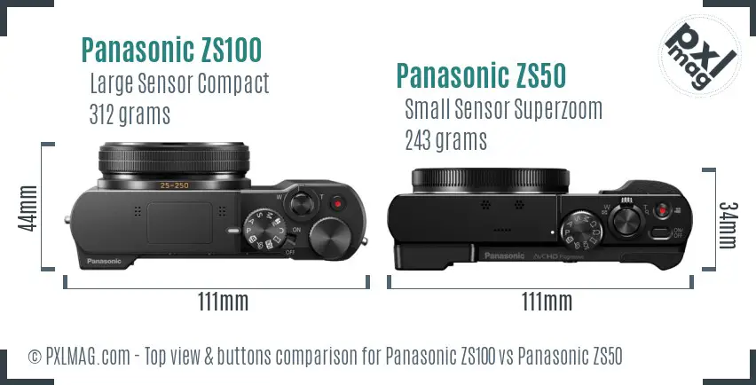 Panasonic ZS100 vs Panasonic ZS50 top view buttons comparison