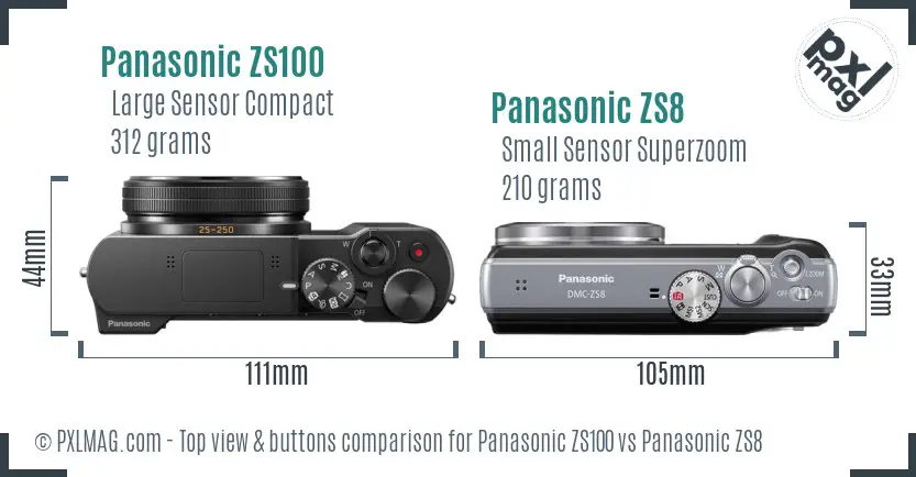 Panasonic ZS100 vs Panasonic ZS8 top view buttons comparison