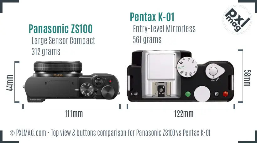 Panasonic ZS100 vs Pentax K-01 top view buttons comparison