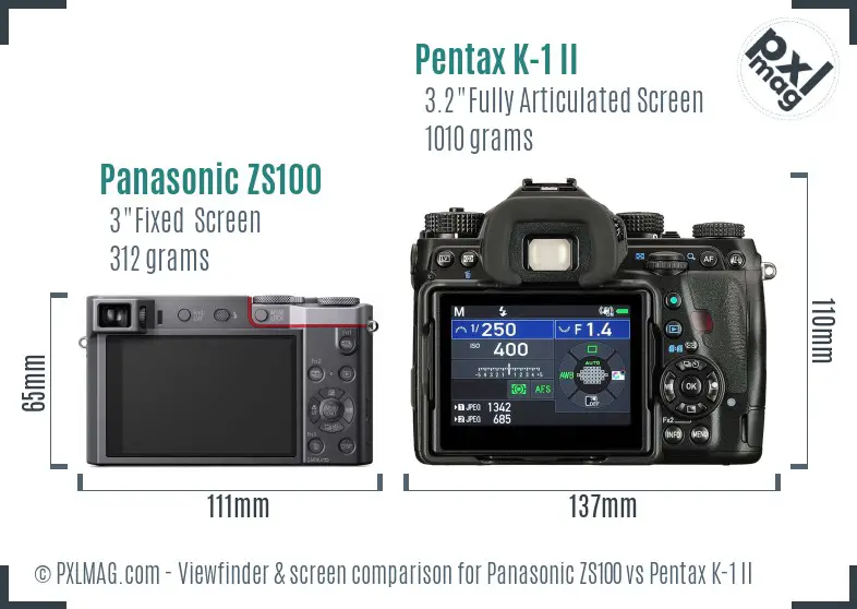 Panasonic ZS100 vs Pentax K-1 II Screen and Viewfinder comparison