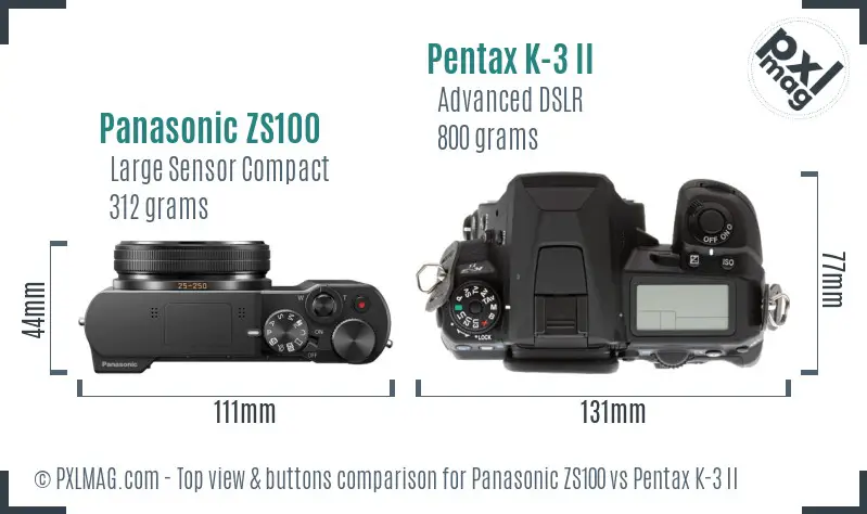 Panasonic ZS100 vs Pentax K-3 II top view buttons comparison