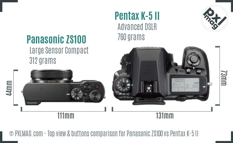 Panasonic ZS100 vs Pentax K-5 II top view buttons comparison