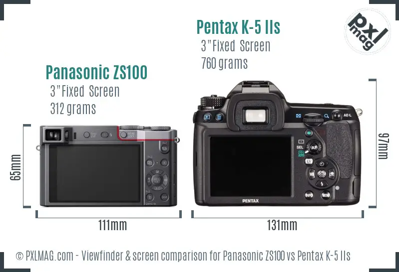 Panasonic ZS100 vs Pentax K-5 IIs Screen and Viewfinder comparison