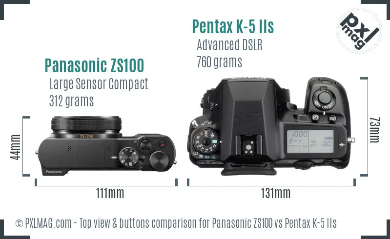 Panasonic ZS100 vs Pentax K-5 IIs top view buttons comparison