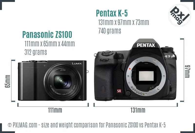 Panasonic ZS100 vs Pentax K-5 size comparison