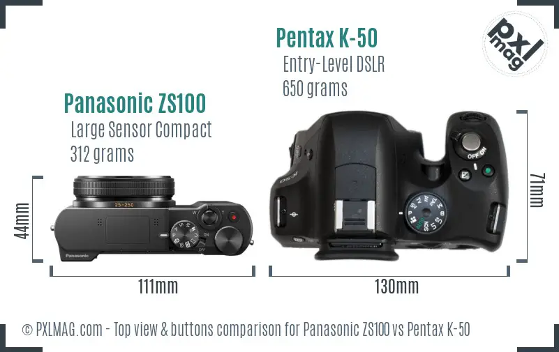 Panasonic ZS100 vs Pentax K-50 top view buttons comparison