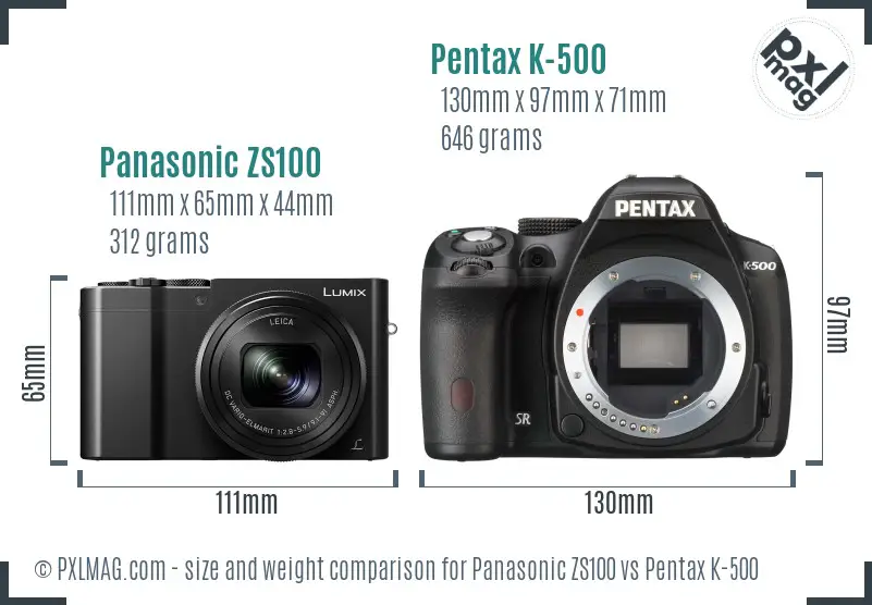 Panasonic ZS100 vs Pentax K-500 size comparison