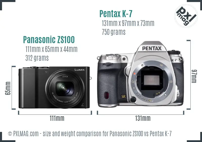Panasonic ZS100 vs Pentax K-7 size comparison