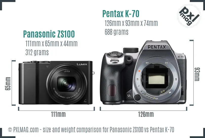 Panasonic ZS100 vs Pentax K-70 size comparison