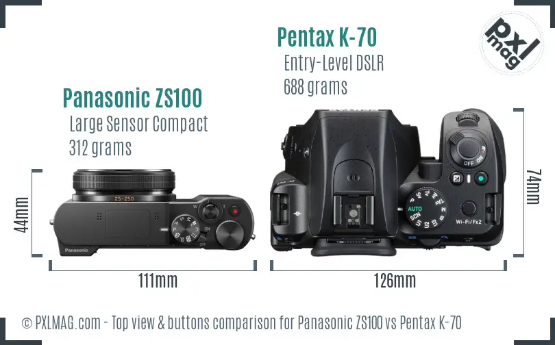 Panasonic ZS100 vs Pentax K-70 top view buttons comparison