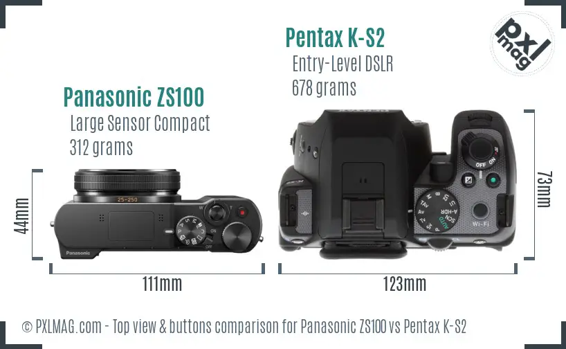 Panasonic ZS100 vs Pentax K-S2 top view buttons comparison