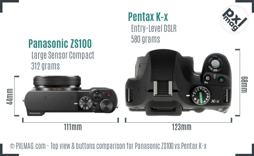 Panasonic ZS100 vs Pentax K-x top view buttons comparison