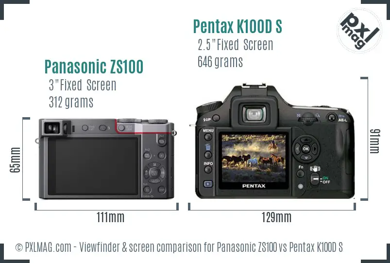 Panasonic ZS100 vs Pentax K100D S Screen and Viewfinder comparison