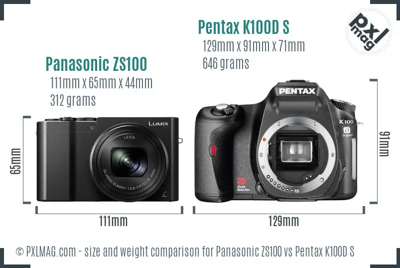 Panasonic ZS100 vs Pentax K100D S size comparison