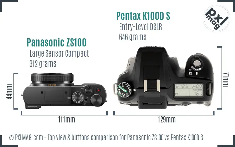Panasonic ZS100 vs Pentax K100D S top view buttons comparison